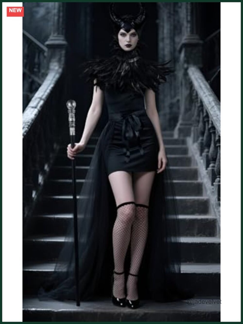 Gothic Witch Costume Set Tulle Skirt Feather Shawl Horn Headpiece Halloween - Picture 4 of 5